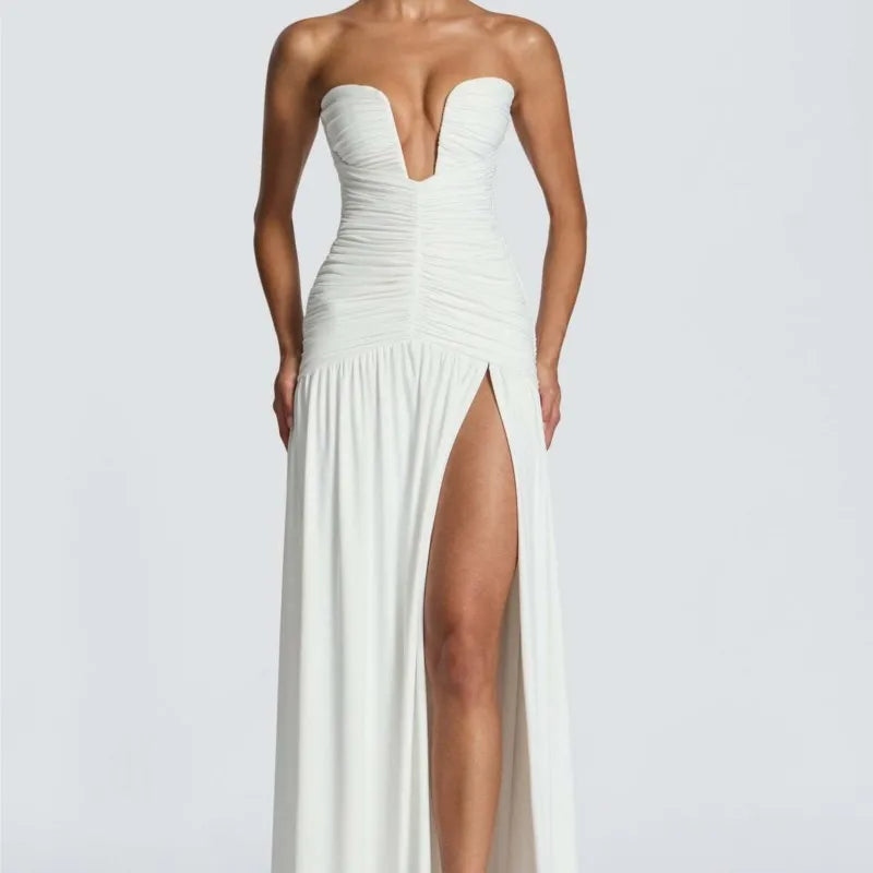 Elegant Lady Solid Maxi Dress Sleeveless Off Shoulder Deep V-neck High Split Pleated Satin Gown 2026 Women New Dinner Party Wear