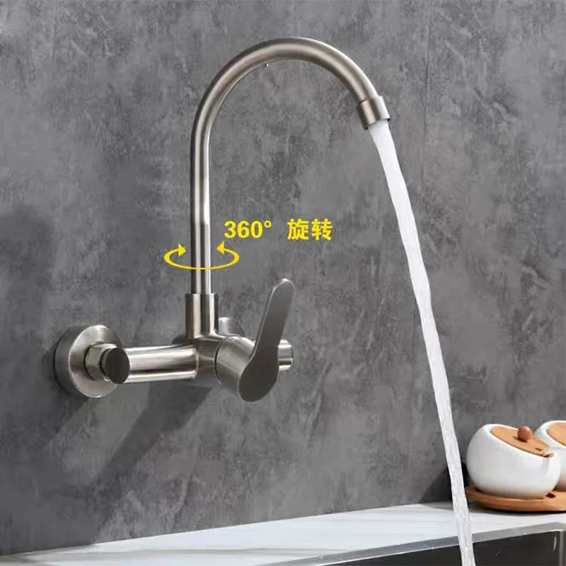 Wall Mount Kitchen Sink Faucet 304 Stainless Steel 2 Modes Hot and Cold Mixer Taps Double Hole Rotating Kitchen Faucets Brushed