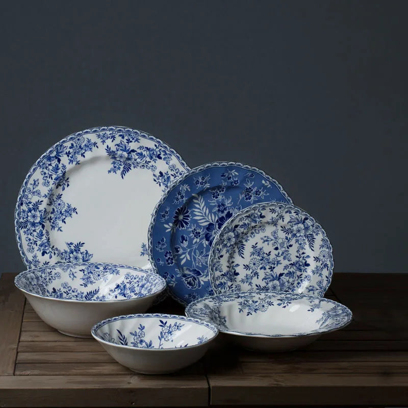 European Ceramic Dinner Plate Set Blue and White Porcelain Decorative Breakfast Plates Retro Hand Painted Restaurant Steak Dish