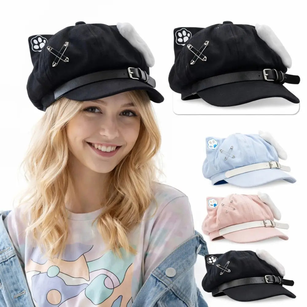 Cute Cat Ears Women's Beret Anime Cat Paw Pattern Newsboy Cap Japanese Style Sweet Baseball Cap Everyday Outfits