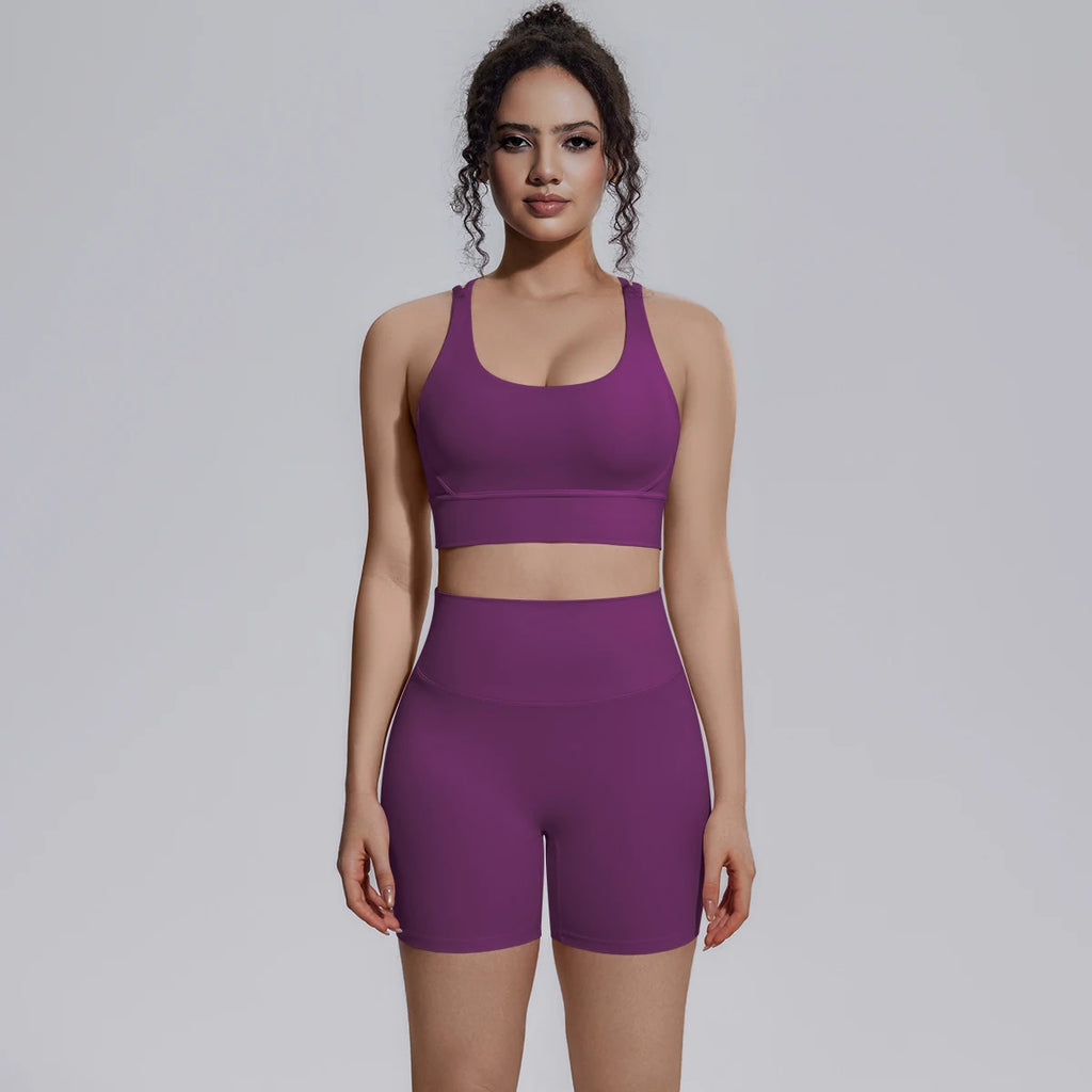 2PCS/set Yoga Set Summer Breathable Running Cycling Backless Sports Bra High Waist Peach Buttocks Fitness Shorts Gym Yoga Set