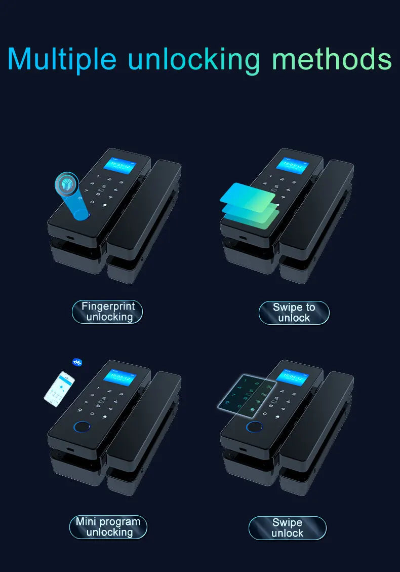 Electronic Digital Lock Fingerprint Glass Door Lock Bluetooth HAHA-Lock App Passcode IC Card Keyless Smart Phone Attendance Lock