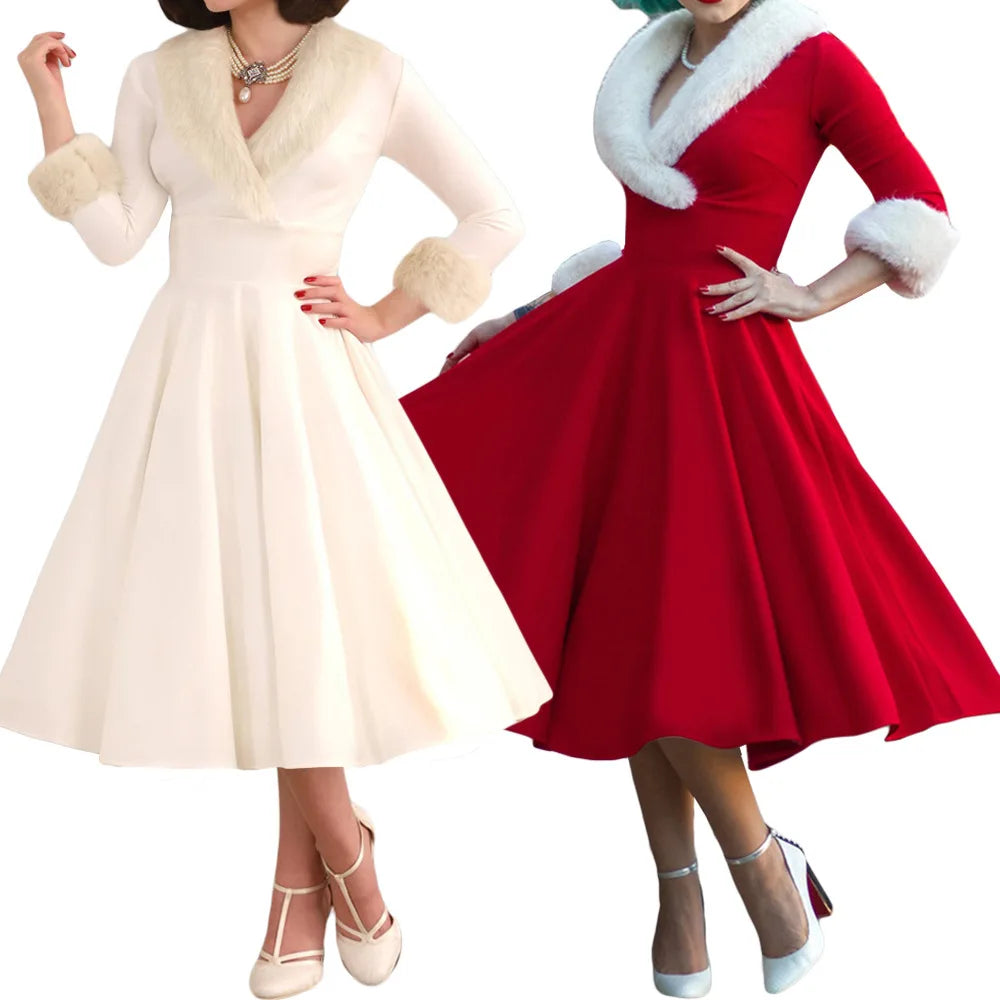 2024 Retro Temperamental Women Christmas Dresses Vintage V-Neck High Waist Long Dress Raw Edge Patchwork Large Swing Party Dress