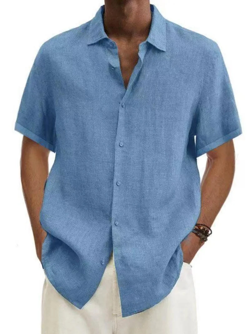 Men's Short Sleeve Linen Blend Shirt Casual Button Down Collar Lightweight Breathable Top