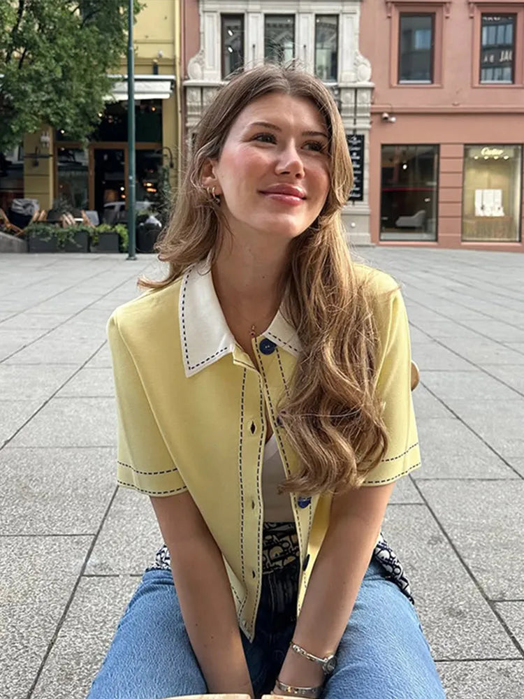 Casual Yellow Lapel Knitted Sweater Women Chic Short Sleeve Single Breasted Warm Pullover Lady Autumn Commute Street Outwear New
