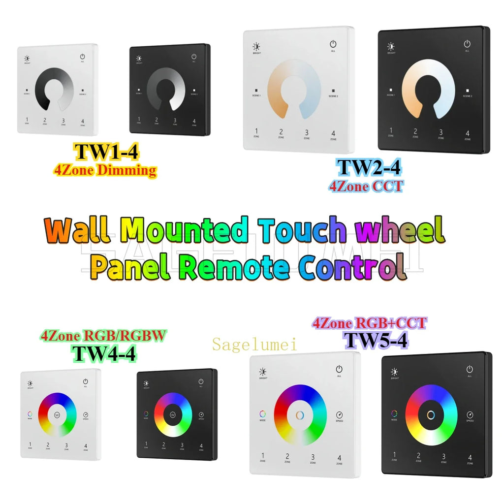 Wall Touch Panel TW1-4/TW2-4/TW4-4/TW5-4 2.4G RF 4 Zone Dimmer Switch Controller for Single Color/RGB RGBW/RGBCCT LEDStrip Light
