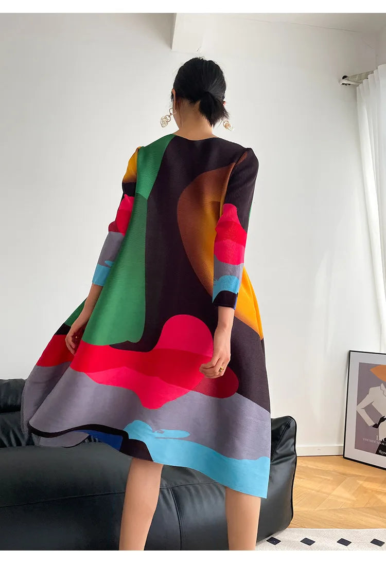 Miyake Pleated Print Dress 2024 New Early Spring Fashion Elegant A-line Swing Dress Elegant Women's Clothing High-quality