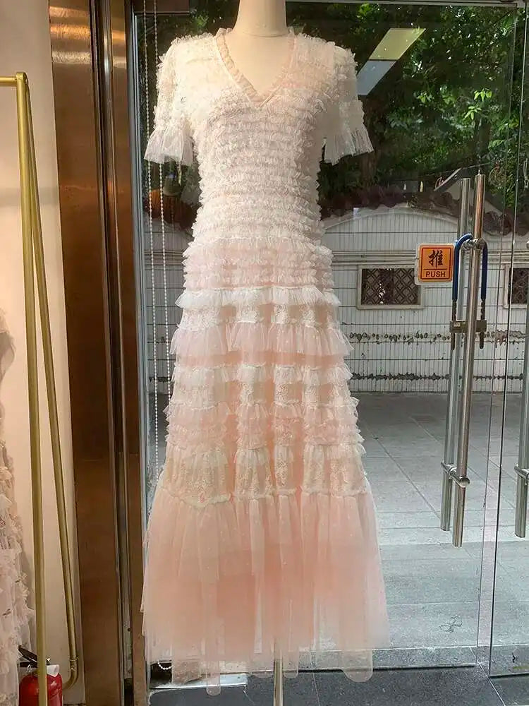 Eshin Elegant Midi Dress Short Sleeve Summer Spring New Fashion Design Women Runway Mesh Ruffles V-Neck Party High Street TH6731