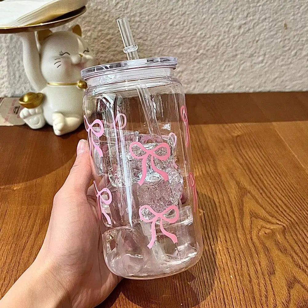 500ml Pink Bow Plastic Cups With Lids And Straws Reusable Bow Aesthetic Cup For Drinking Coffee Tea Cocktail For Party Support