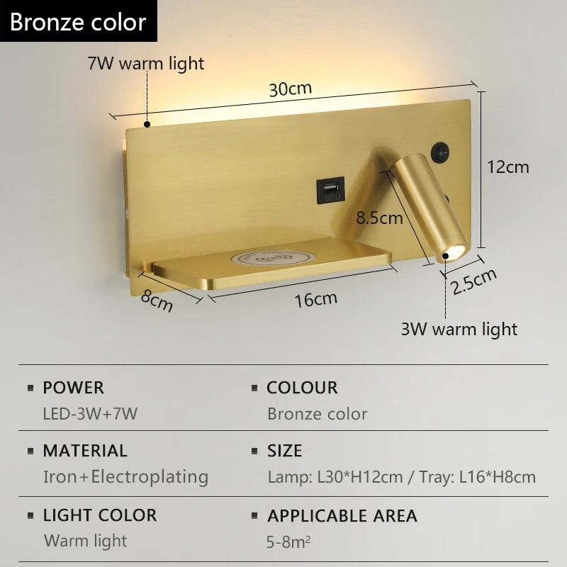 Modern LED Wall Lamp with Wireless Charger Simple Creative USB Interface Night Light Suitable for Living Room Bedroom Study