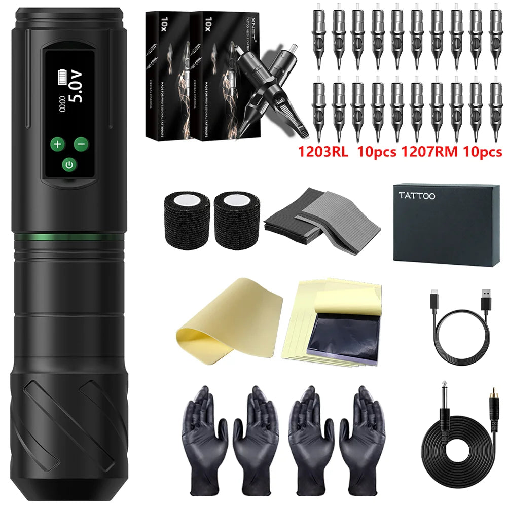 Kiss of Dragon Tattoo Kit Wireless Tattoo Machine Pen Kit 3.5mm Stroke Custom Motor 1600mAh LCD Screen Battery Complete Kit