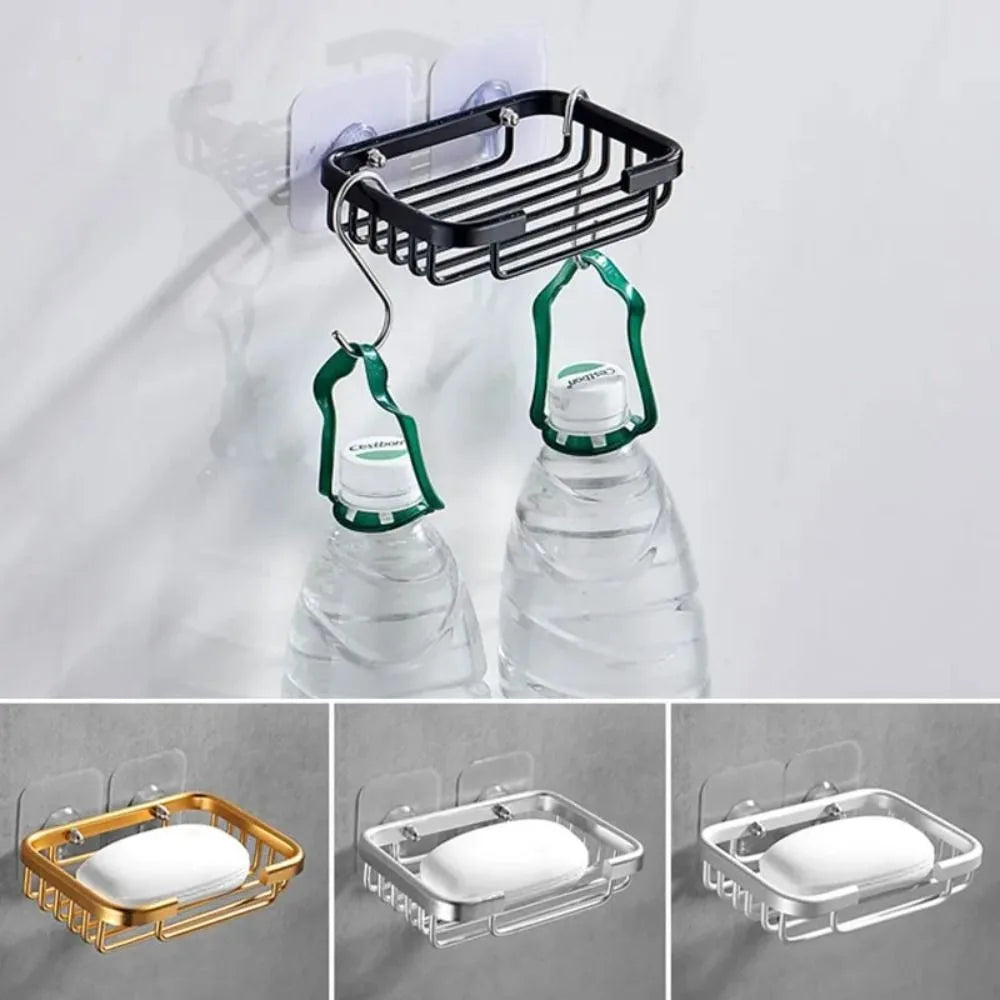 Aluminum Wall Mounted Soap Dish Self Adhesive Drill Free Hollow Drain Storage Tray For Bathroom Shower Accessories Soap Holder