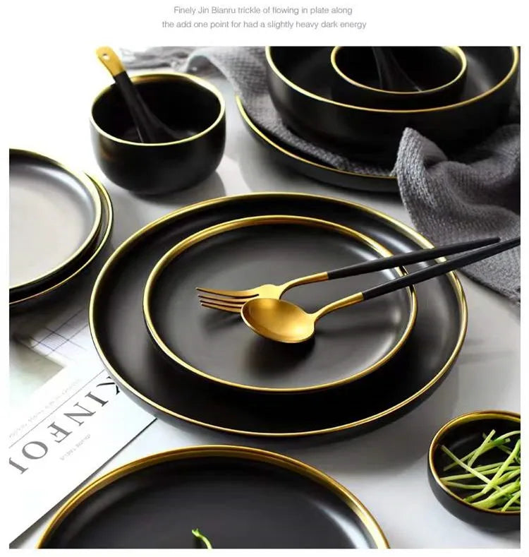 For1/ 4/6/8 Personal Black Porcelain Dinner Plates Set Ceramic Tableware Food Dishes Rice Salad Noodles Bowl Wiht Cutlery Set