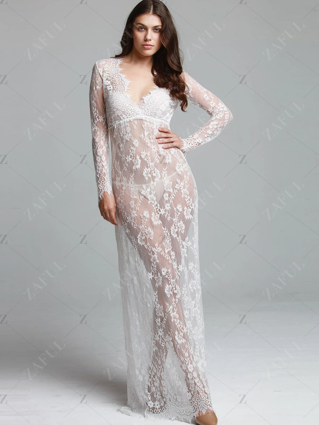 Women Through Floral V-Neck Elegant Lace long Dress Sexy Deep V Neck Casual Party Dress
