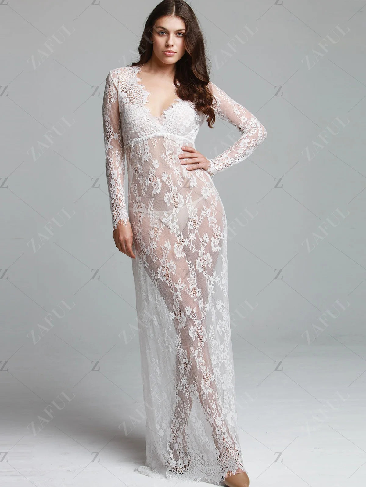 Women Through Floral V-Neck Elegant Lace long Dress Sexy Deep V Neck Casual Party Dress