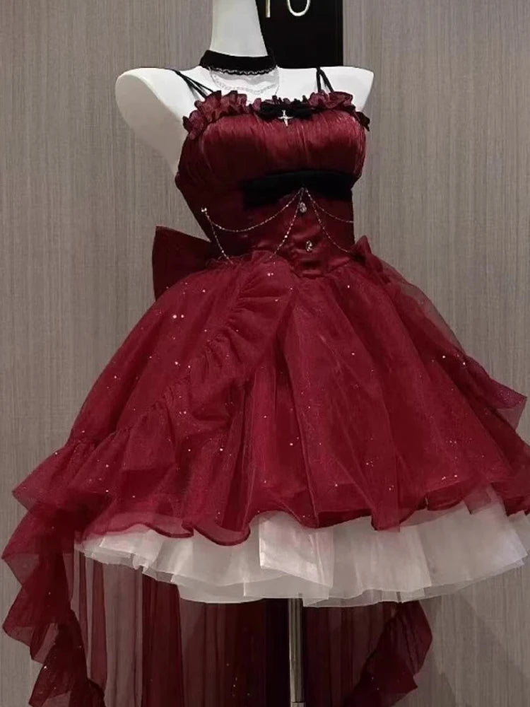 France Vintage Gothic Lolita Dress Set Women Harajuku Y2k Bow Ruffles Party Dress Female Elegant Korean Popular Clothes Summer