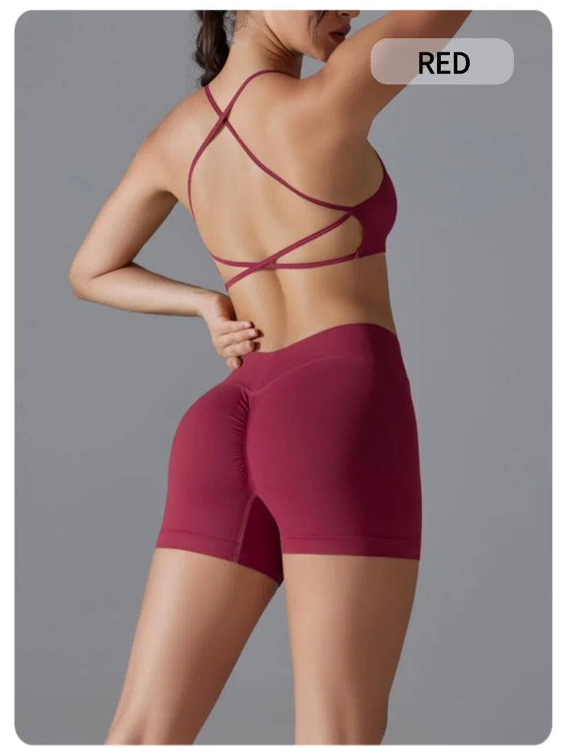 Women's Seamless Solid Color Cross Back High Elasticity Tight and Sexy Sports Bra Yoga Suit Set, Running and Fitness Two Pieces