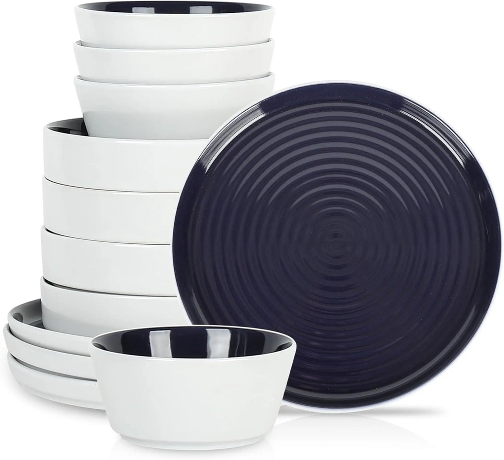 12-Piece Modern Dinnerware Set Stoneware, Plates and Bowl Sets for 4, Navy and White