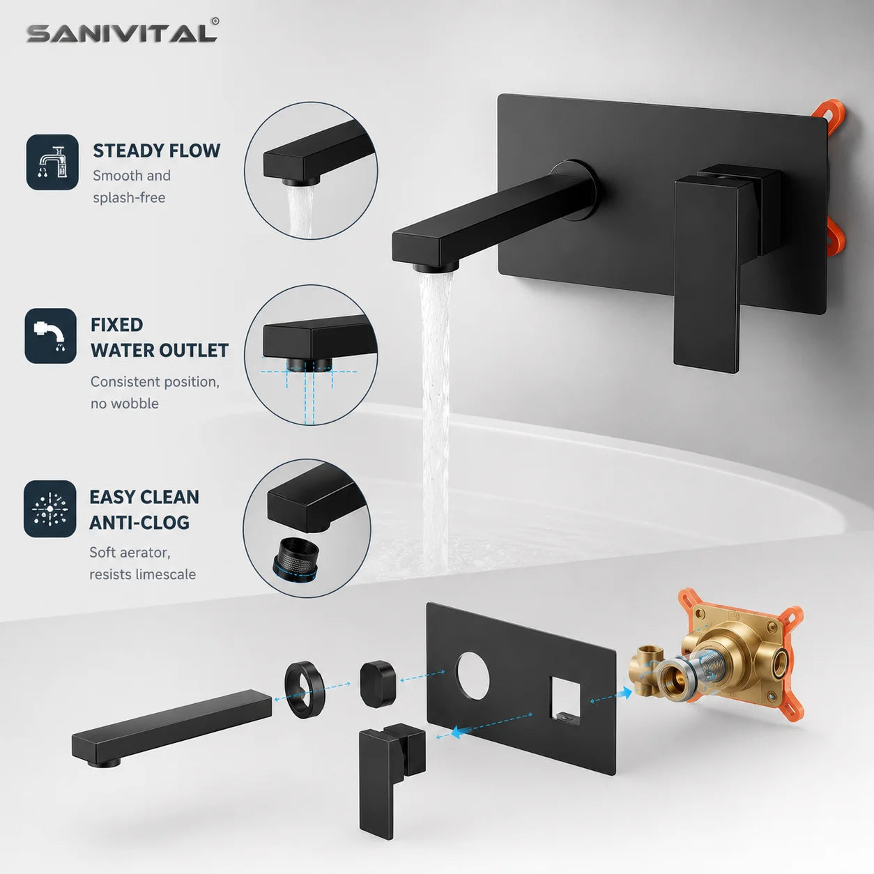 SANIVITAL Wall Mounted Bathroom Faucet Matte Black Basin Mixer Tap Single Handle Hot Cold Water Sink Faucet