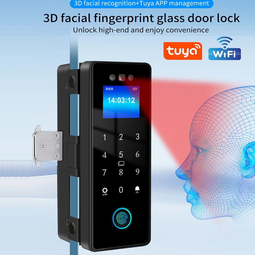 3D Face Tuya Wifi Electronic Smart Glass Door Lock With Biometric Fingerprint/RFID Card /Password Unlock/USB Emergency Charge