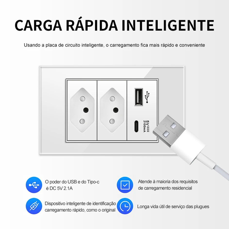 PSSRISE White Tempered Glass Standard sockets and switches brazil Switzerland Usb Type C Wall Socket Light Switch Smart Switch