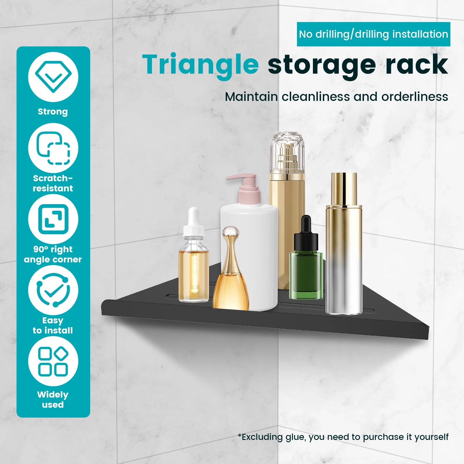 Wall Mount Shower Corner Shelf No-drill 304 Stainless Steel Corner Shampoo Body Wash Storage Organizer for Bathroom Glass Shelf