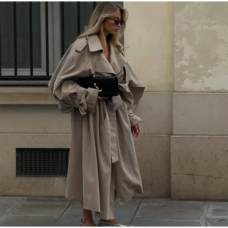 Casual Lace Up Long Trench Coat Women Chic Solid Color Full Sleeve Lapel Windbreaker 2026 Fall New Fashion Loose Commute Jackets