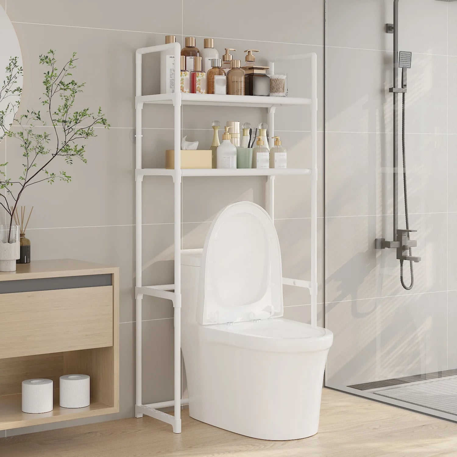 Bathroom Shelf,Washing Machine And Toilet Shelf,Laundry Storage Organizer,Space Saving,Metal Tube Bracket,Fabric Compartment