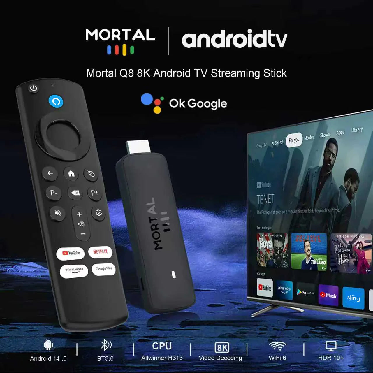 Mortal Android14 TV Stick WIFI6 Voice Control TV Stick Q8 8K Video Allwinner H313 Netflix YouTube TV Box Free Live TV Streaming
