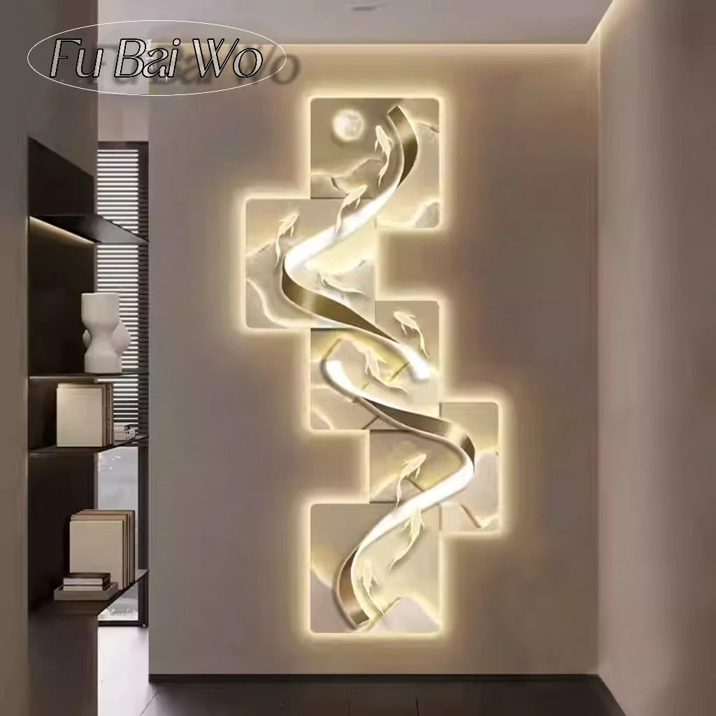 Nine Fish Entrance Decoration Painting, Modern Light Luxury Wall Clock Painting, Corridor, High end LED Light Mural Painting