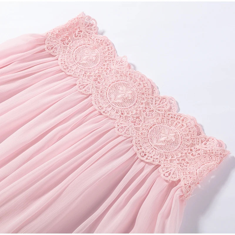 Tie Strap Women's Hollow Floral Lace Two Piece Set Ruffle Crop Camisole High Waist Lace Waist Sheer Textured Wide Leg Long Pant