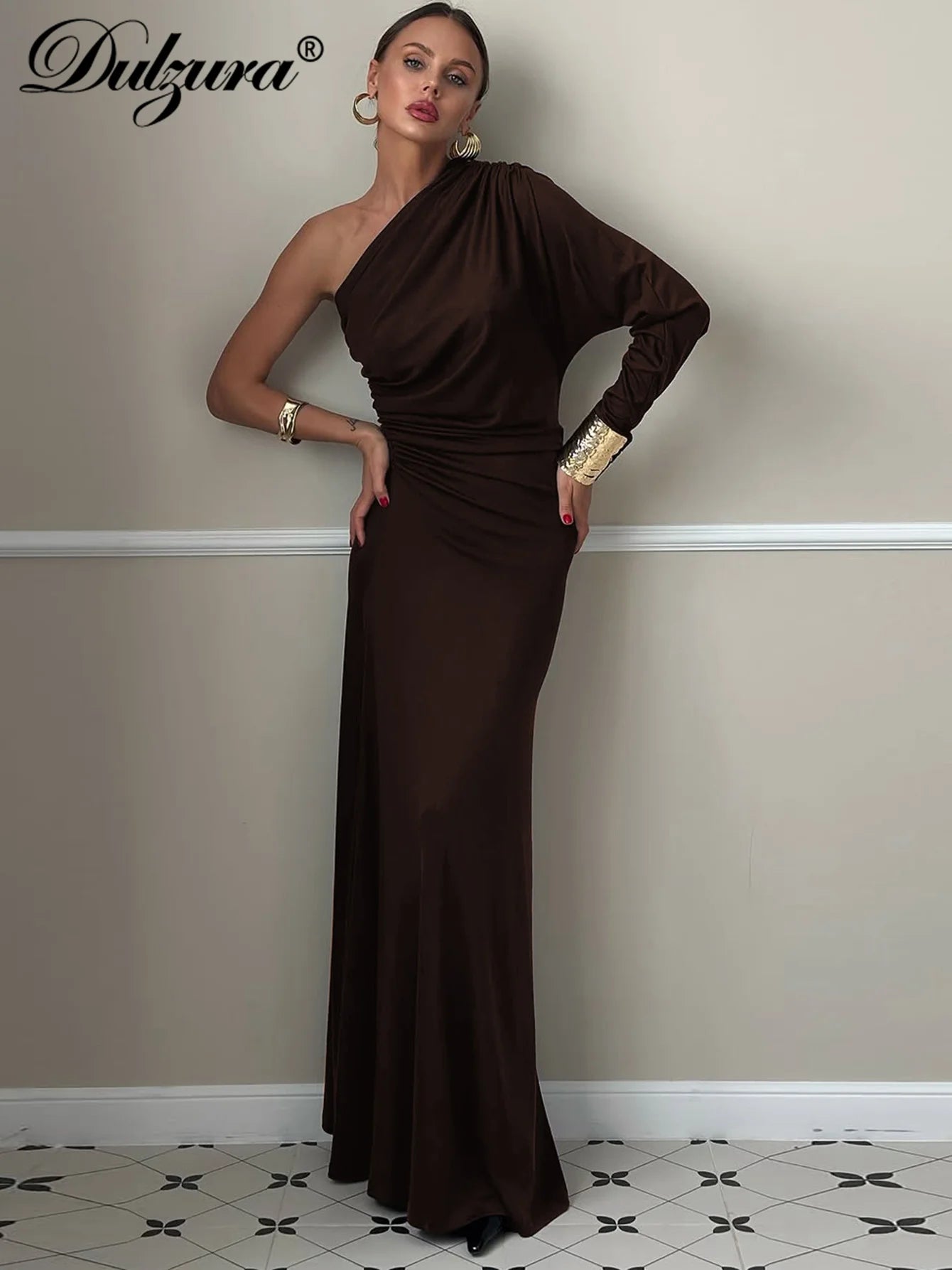 Dulzura One-Shoulder Long Sleeve Slim Fit Ruched Long Dress Women'S Solid Sexy Elegant Clothes Evening Party Club Autumn Clothes