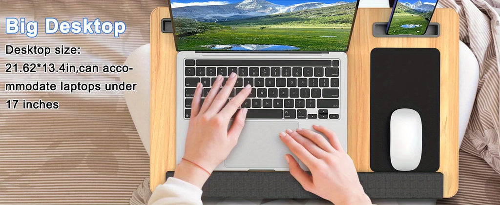 Laptop table with mouse pad, slots for tablet and phone, portable handle, suitable for outdoor and in - car use as a desk