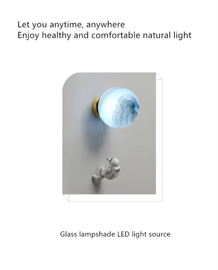 Modern Astronaut Wall Lamp Natural Alabaster Planet LED Sconce Kids Bedroom Astronaut Nursery Decor