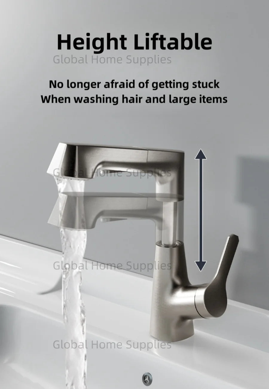 Bathroom Pull Out & Lift Basin Faucet Hot & Cold Water 360° Rotatable Lift Up and Down Single Handel Single Hole Water Mixer Tap
