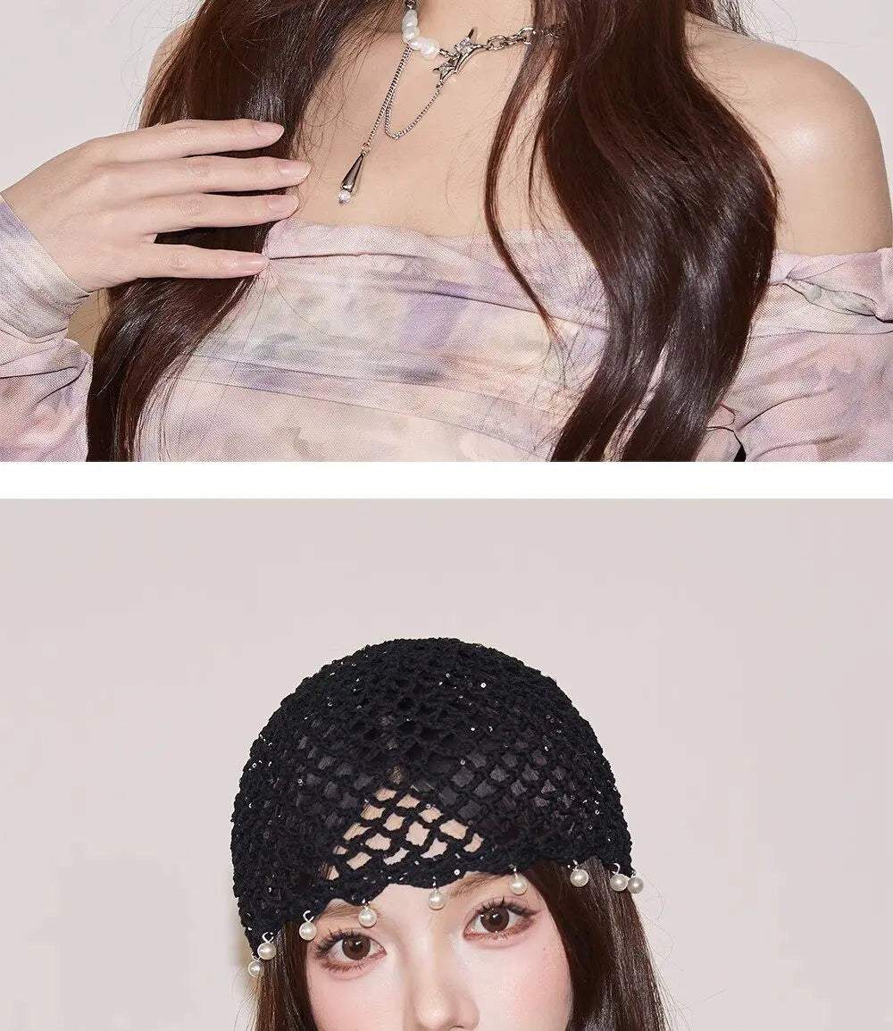 Fashion Hollowed Out Woven Pullover Hats Crochet Breathable Beret Cap Pearl Fringed Retro Beanies Cap for Women Summer Korean