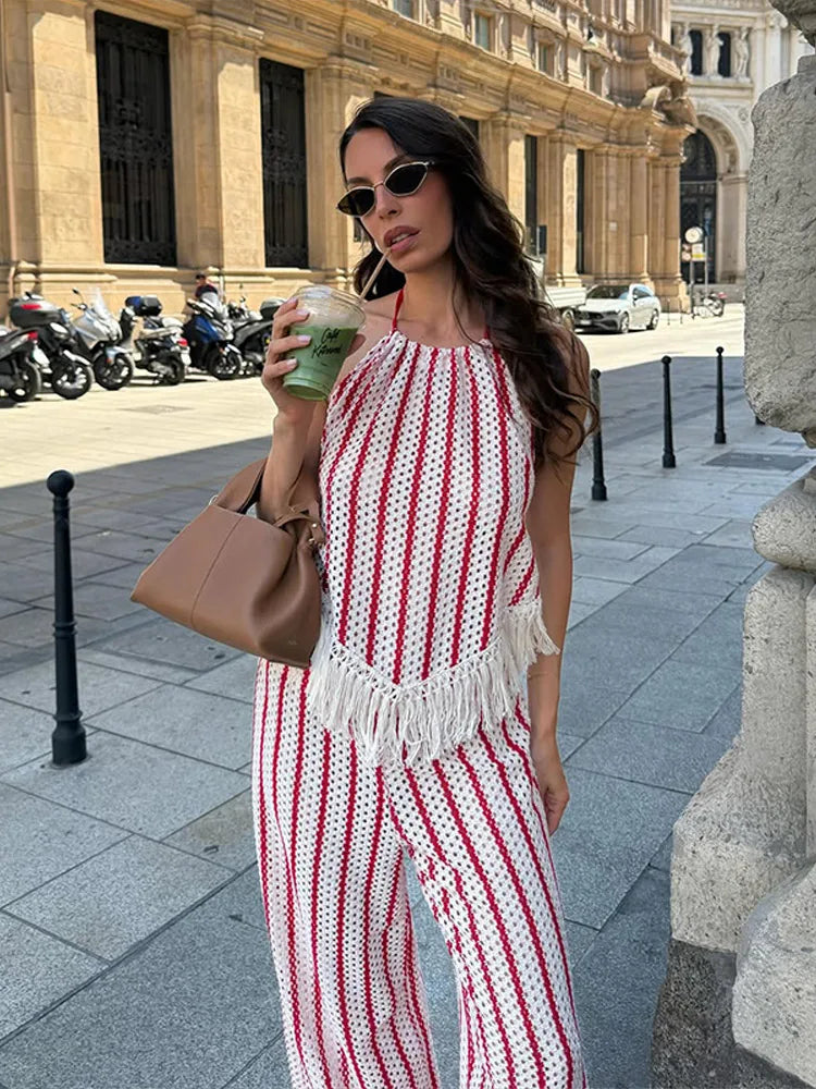 Halter Vertical Striped Fringe Two Piece Set Sleeveless Tank Top Loose Wide Leg Pants Women 2026 Summer Holiday Beach Chic Suit