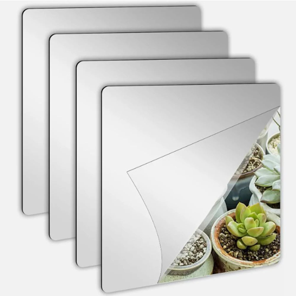 4PcsAcrylic Mirrors Set Self- Adhesive Mirror Tiles 2mm Thick Flexible Unbreakable Mirror Stickers Reflective Square Mirror Wall