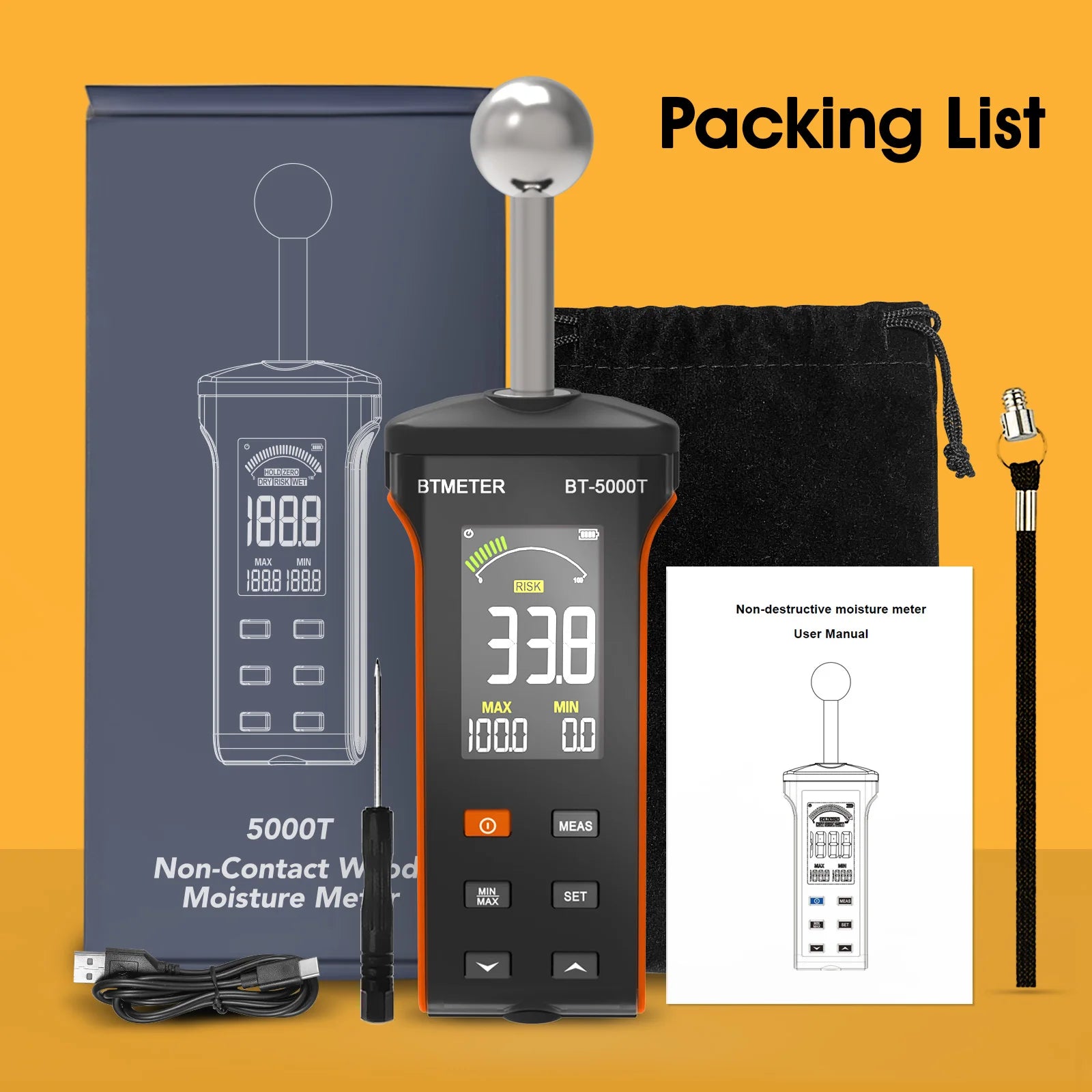 Wood Moisture Meter - Pinless Moisture Detector Measur Depth 20-40mm Non-Destructive Moisture Tester with Masonry
