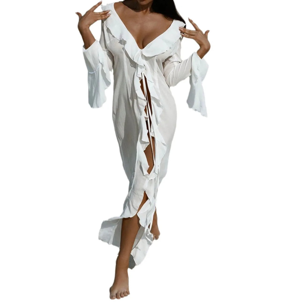 New Chiffon Tunic Beach Cover Up Cover-ups Dress Sunscreen Beachwear Womens Clothing Sexy V Neck Ruffled Long Sleeve Black White