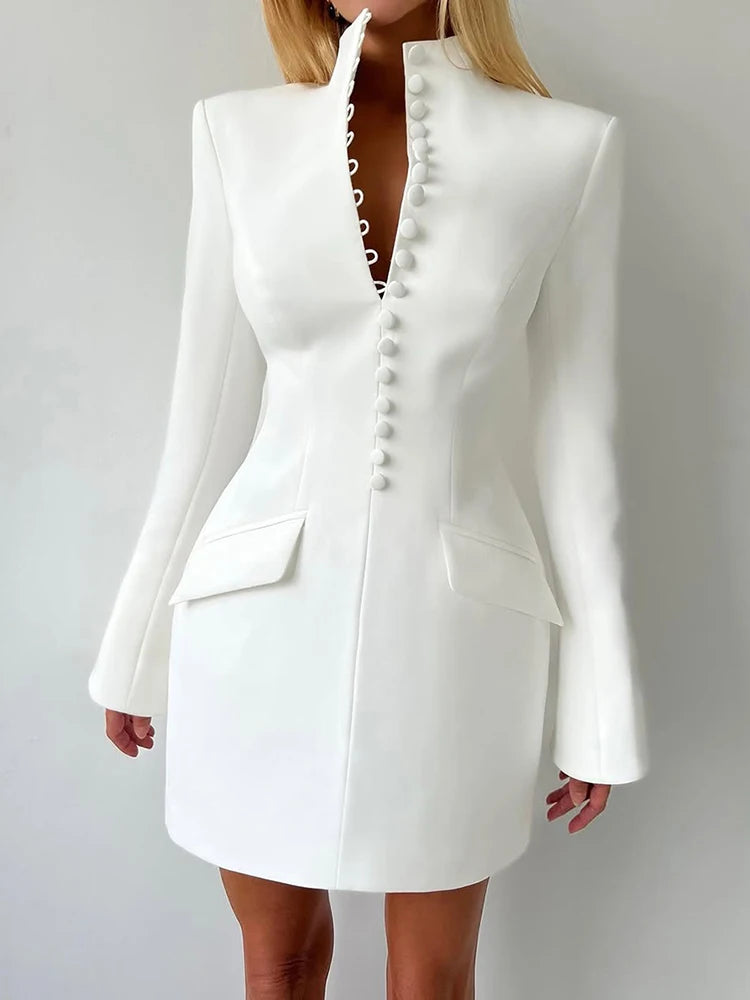 Nibber Elegant Fashion Office Style Dress Woman Button Pocket Decoration Stand Collar Simple Full Sleeve Casual Mini Bodycon