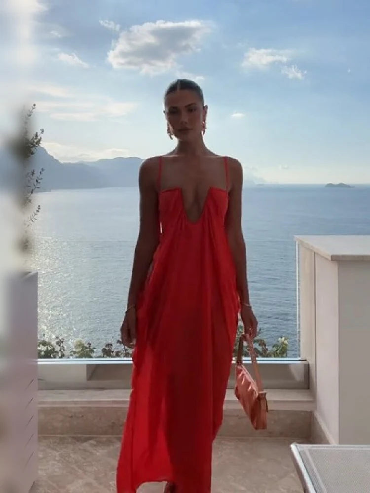 Vibrant Holiday Flowy Maxi Dress Deep U Chic Bohemian Chiffon Loose Fit Women Dresses Beach Vacation Summer Party Outfit