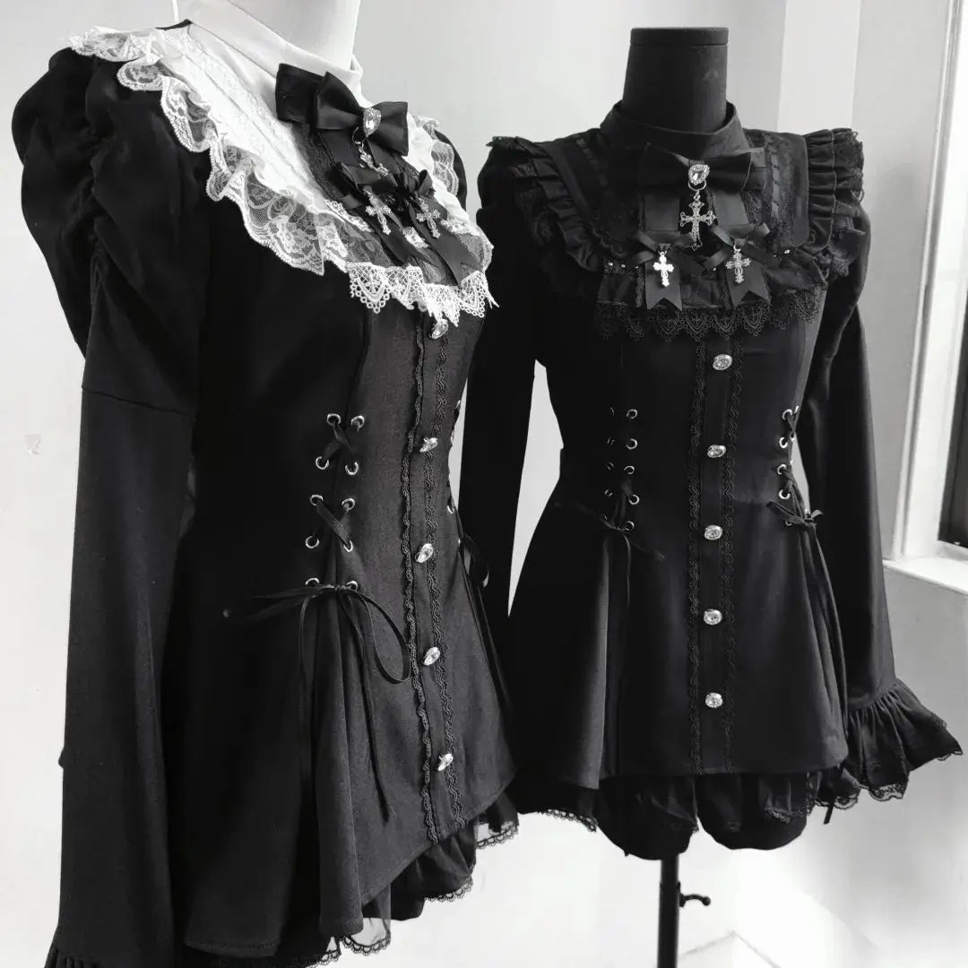 Gothic Lolita Two Piece Set with Bow, Y2K Aesthetic Flare Sleeve Mini Dress, Japanese Punk Style Party Co-ord Outfit