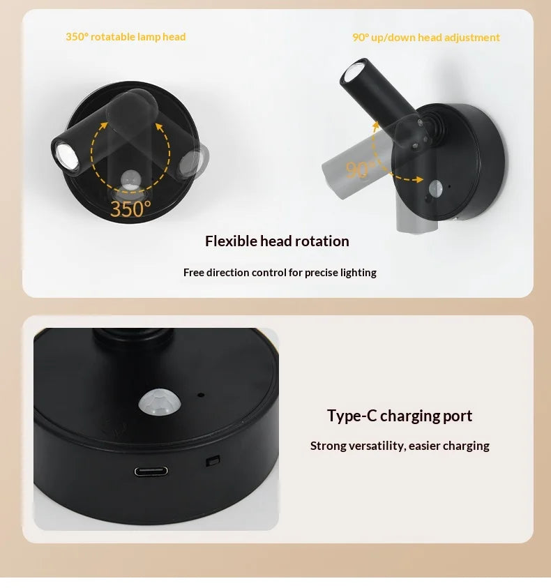 LED Light Magnetic Rechargeable Wall light Spotlight Wireless No Punch Reading Light With Touch Switch Dimmable Bedside Lamp