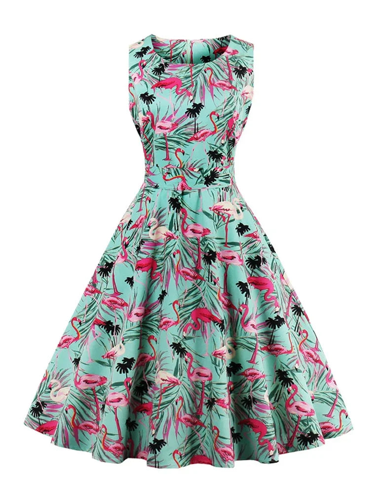 Flamingo Print High Waist Pinup Retro Dress S to 4XL 95% Cotton Women O-Neck Sleeveless Summer 50s Vintage Dresses women dress