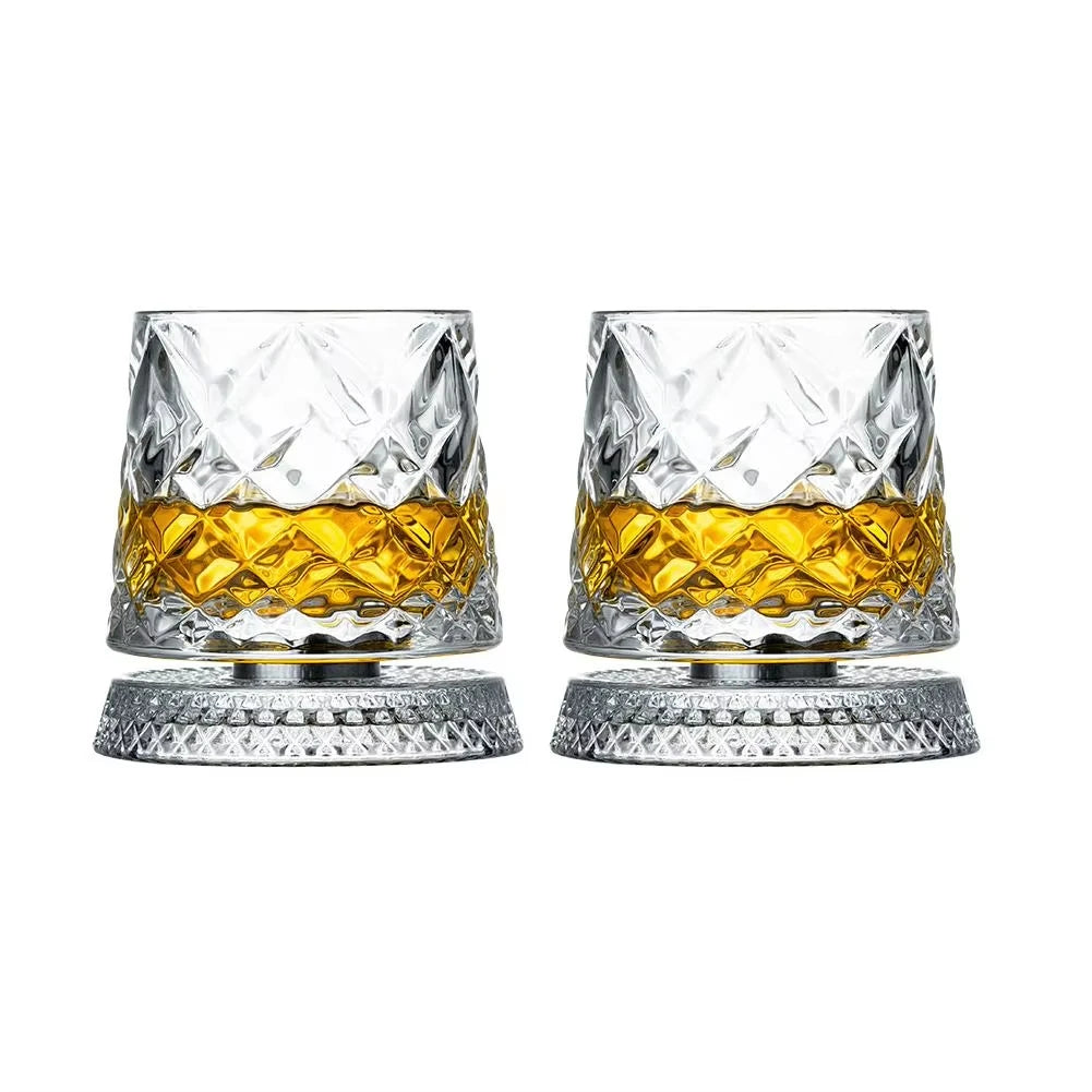 2PCS Whiskey Glasses Rotating Whisky Glass With Glass Base 360 Rotate Degrees Crystal Rum Glass For Cocktail Party Drinking Gift
