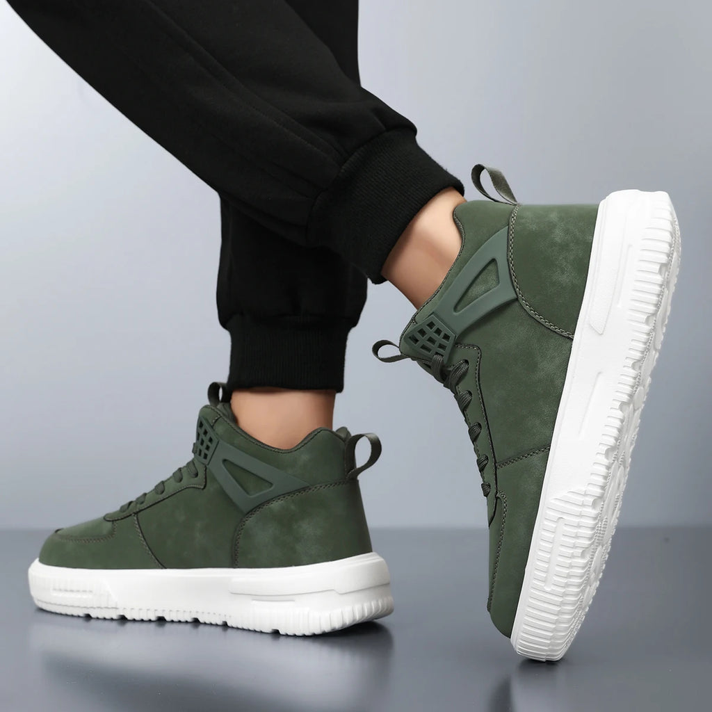 Men's Green High Top Sneakers Casual Leather Skate Shoes Lace-up Platform Streetwear Ankle Boots