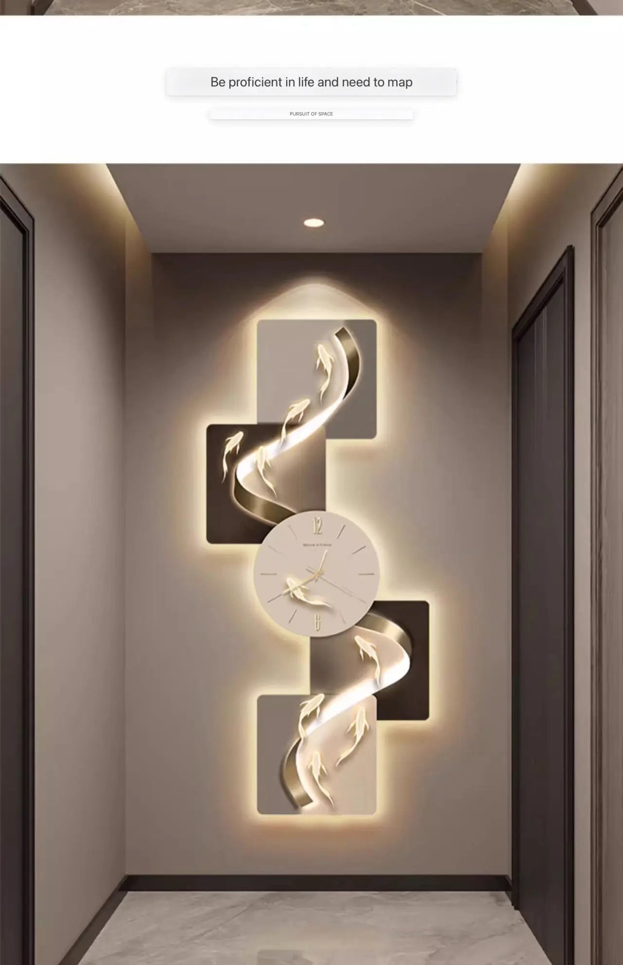 Nine Fish Entrance Decoration Painting, Modern Light Luxury Wall Clock Painting, Corridor, High end LED Light Mural Painting