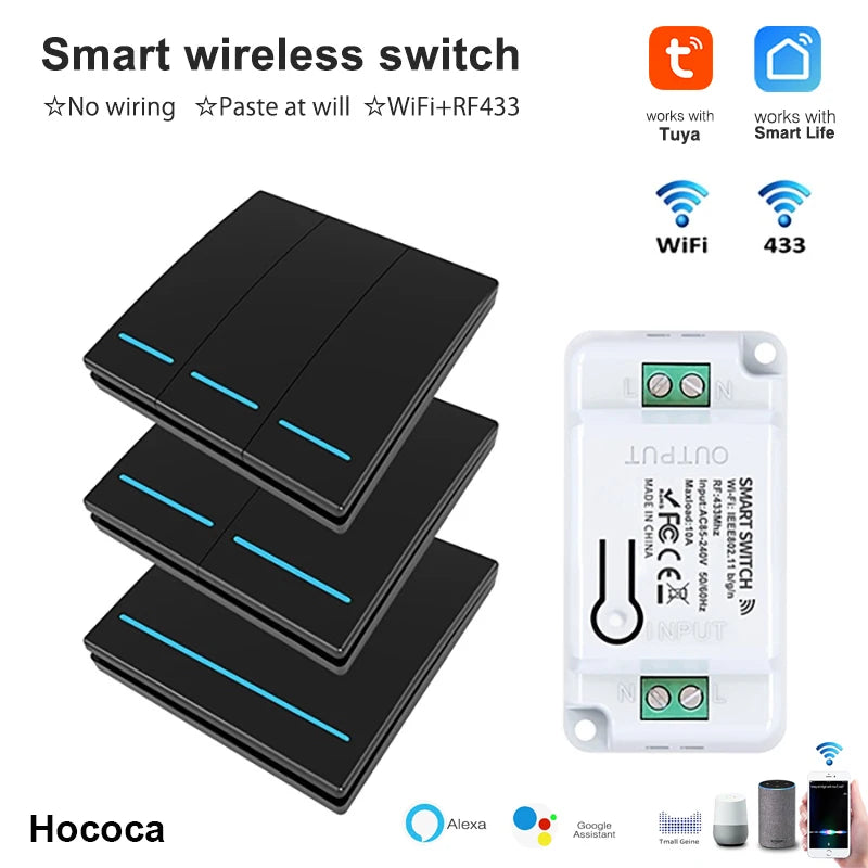 Long Distance Smart Tuya Wifi Wireless Switch Black And  White 1/2/3gang RF433 Remote Control Light Switch CR2032 Power Supply