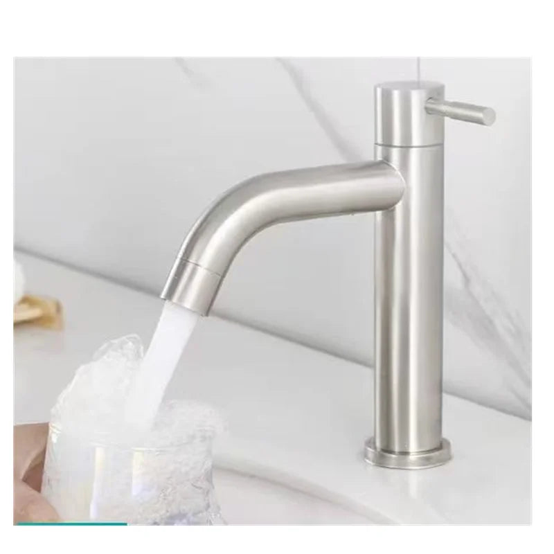 Basin Faucet 304 Stainless Steel Single Cold Water Tap Black Silver Color Deck Mounted Lengthening and Raising Basin Sink Tap
